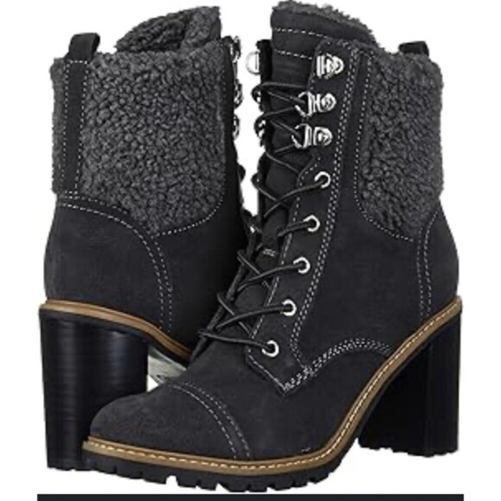 Nine West Women's Perry Boot Size 8.5 M Block Heel Lace Up Combat Faux Fur Gray